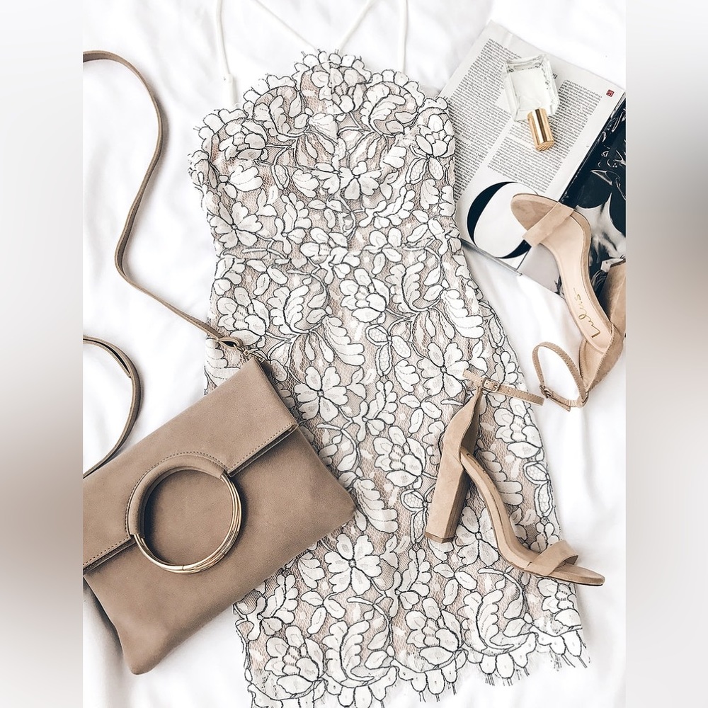 Lulu’s Delicate Darling Beige & Ivory Lace Bodycon Dress